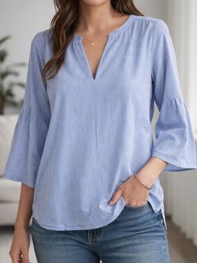 Ann Taylor Blue White Striped Blouse Small | Bell Sleeve V-Neck Office Chic